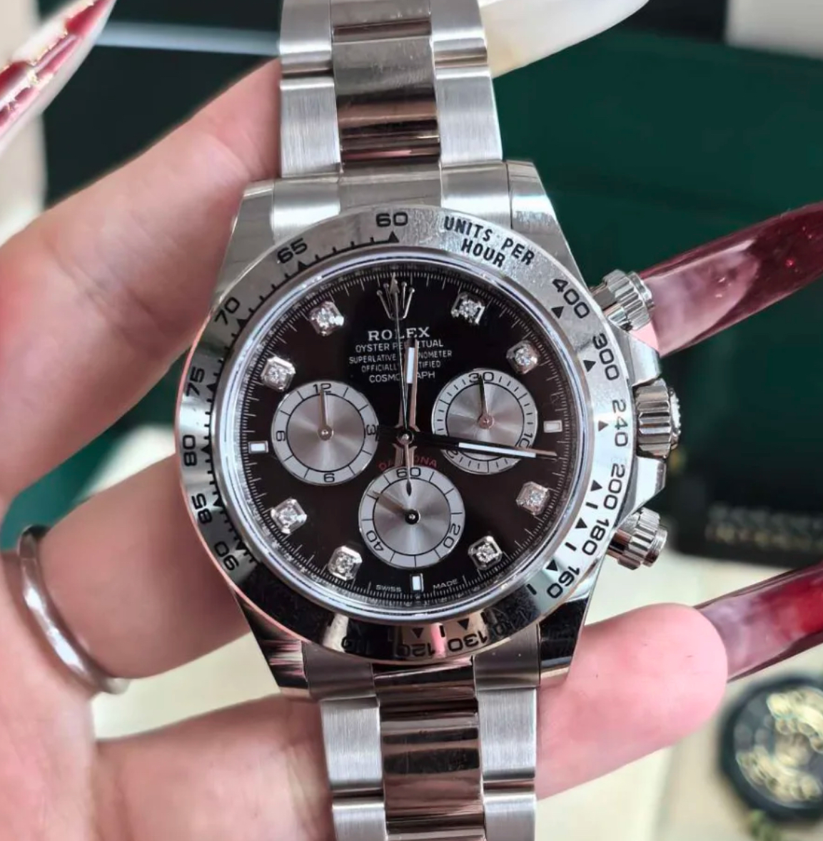Close-up of Rolex replica clasp